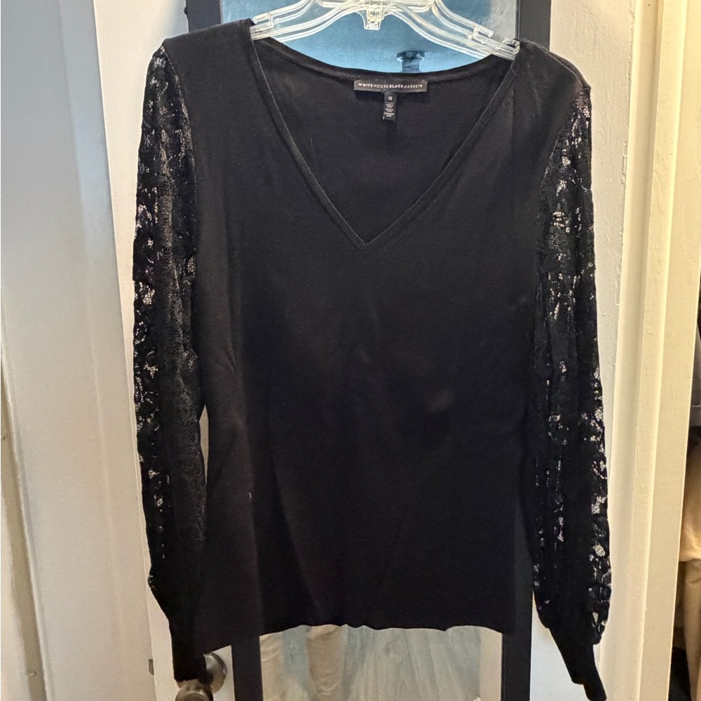 White House Black market Women's Black V-Neck Lace Sleeve Top